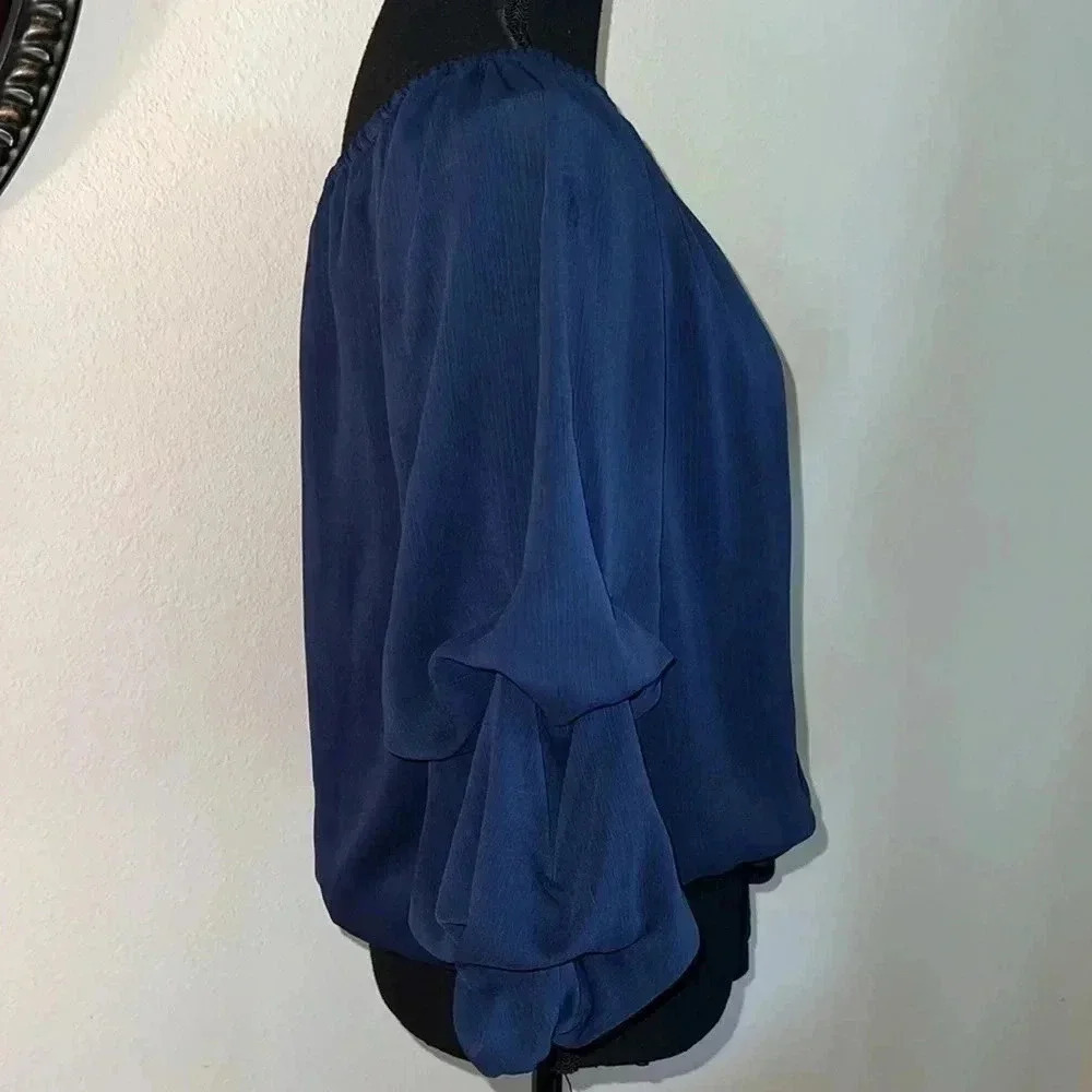 CeCe Women’s Navy Blue Off the Shoulder Bubble 3/4 Sleeve Tie at Waist Blouse M - Picture 7 of 16